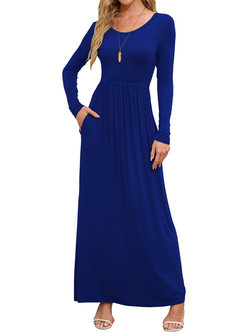 DEARCASE Women Dress Dark Blue Large Crewneck Long Sleeves Maxi Wedding Guest A-line Plain Casual Empire Waist Flowy Party Vintage Spring Fall Winter Floor Dresses with Pocket - Image 1
